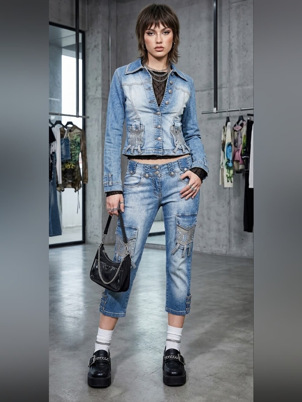 Y2K Mariella Burani Matching Set Denim Jacket & Low Rise Cargo Capri